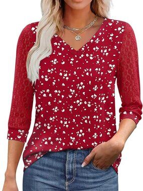 NEW Women's Misses "RED WHITE LACE SLEEVE" Top Size Small
